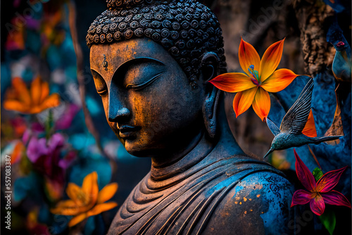 Photographie buddha statue with colourful flowers