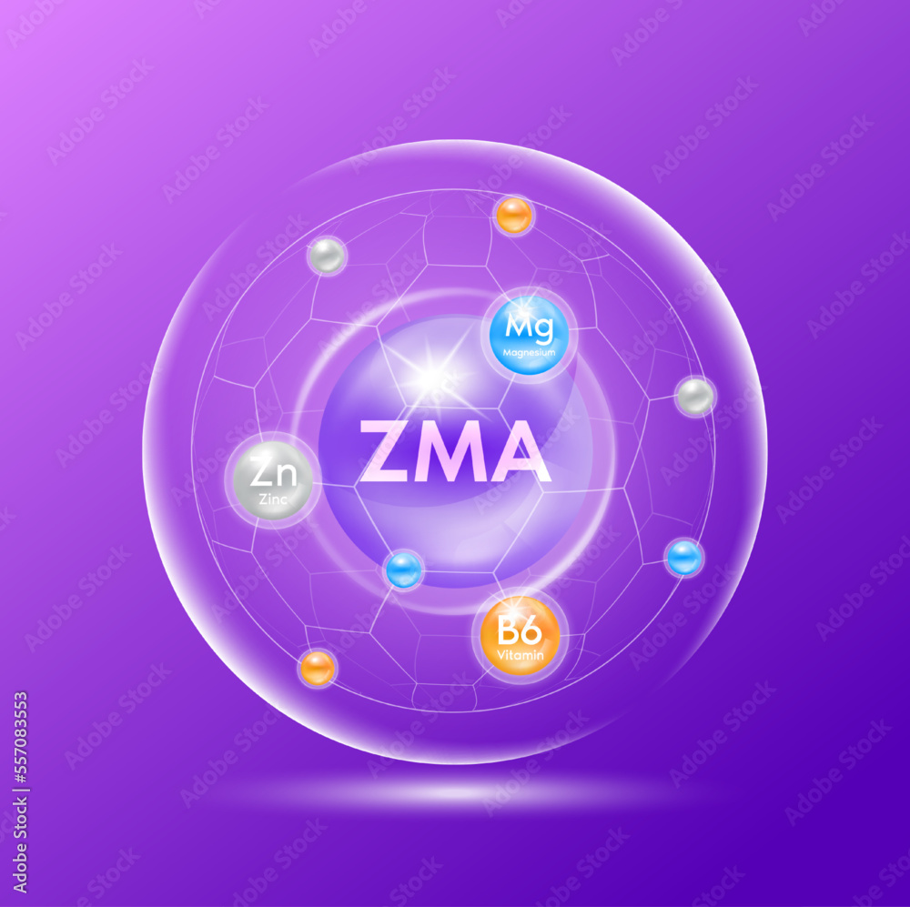 Minerals Vitamins essential for body. ZMA Zinc, Magnesium and Vitamin B6 Supplements help build muscles. Medical concepts. Ads dietary for pharmacy or clinic. 3D Vector EPS10.