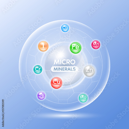 Micro minerals. Capsules isolated on blue background. Essential minerals for human body. Medical scientific concepts. Ad dietary supplement for pharmacy or clinic. 3D Vector EPS10.