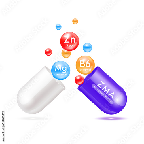 Zinc, Magnesium and Vitamin B6 (ZMA) in capsule purple isolated on white background. Essential minerals vitamins supplements help build muscles. Ad dietary for pharmacy clinic. 3D Vector.