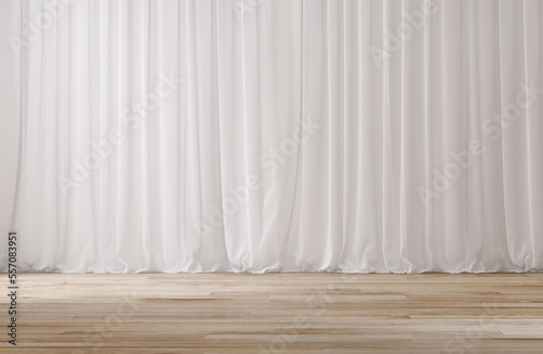 3D Empty modern, minimal room with floor to ceiling white sheer drape curtain and wooden parquet floor in sunlight from window for luxury interior design decoration product display backdrop