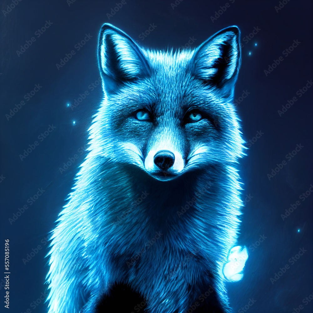cute animal little pretty blue fox portrait from a splash of watercolor illustration Stock