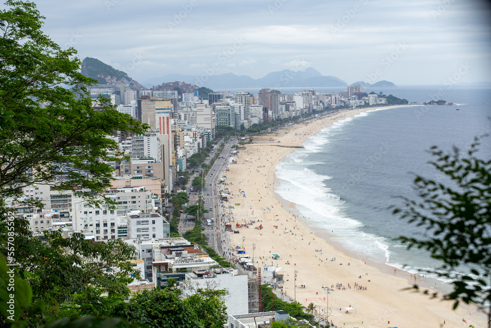 leblon beach seen from cliff viewpoint in Rio de Janeiro, Brazil.