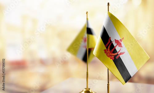 Small flags of the Brunei on an abstract blurry background