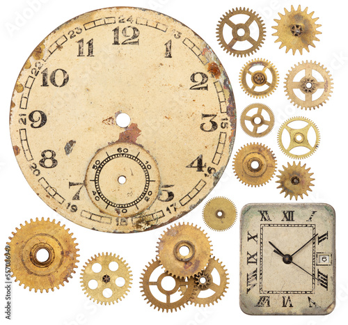 Design element. Obsolete metal clock gears dial, spring and mechanism