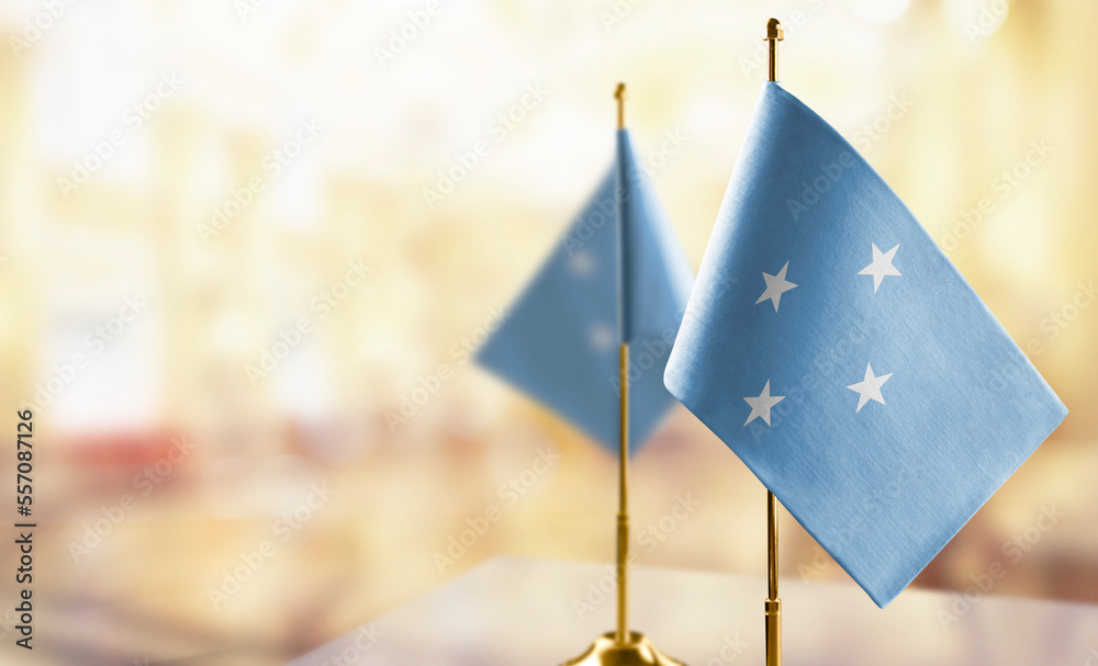 Small flags of the Federated States Micronesia on an abstract blurry background