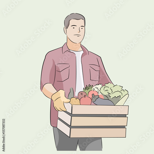 Man farmer holding crate vegetables fruit from farm field after harvesting