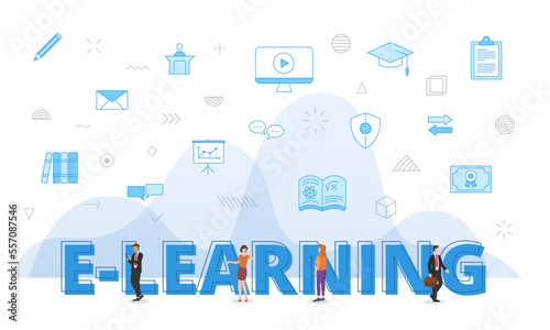 e-learning concept with big words and people surrounded by related icon spreading with blue color