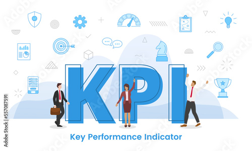 kpi key performance indicator concept with big words and people surrounded by related icon spreading with blue color