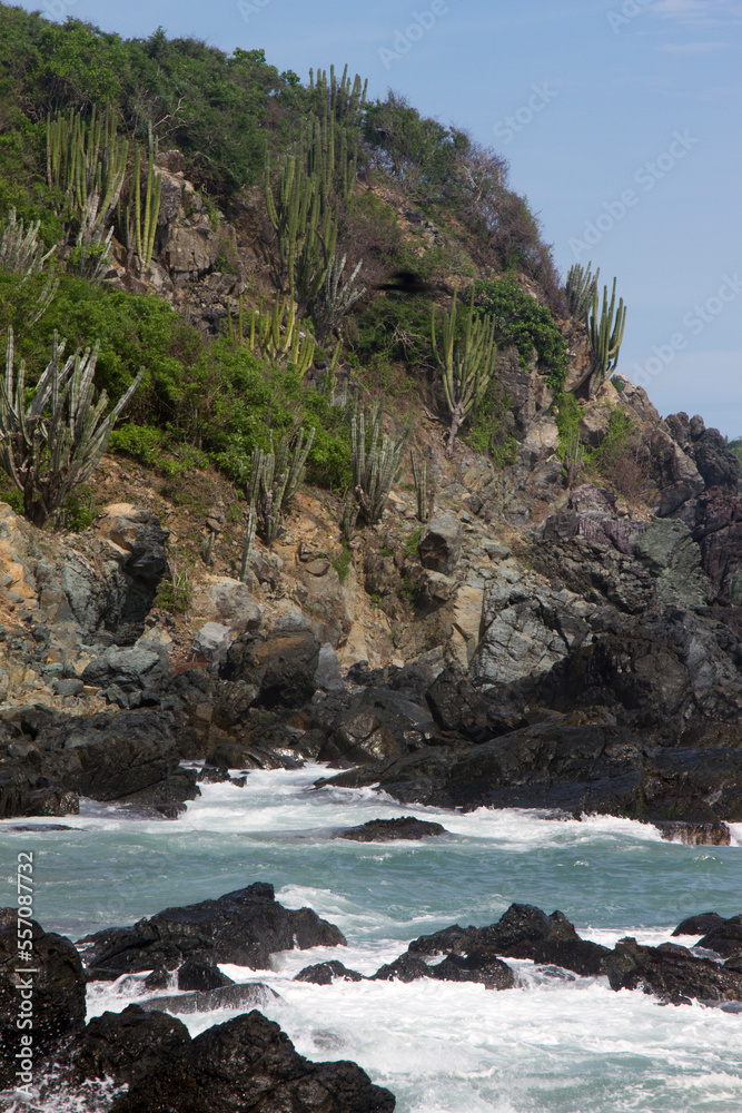 Fototapeta premium Rocky coast on the touristic beach of Zihuatanejo. 