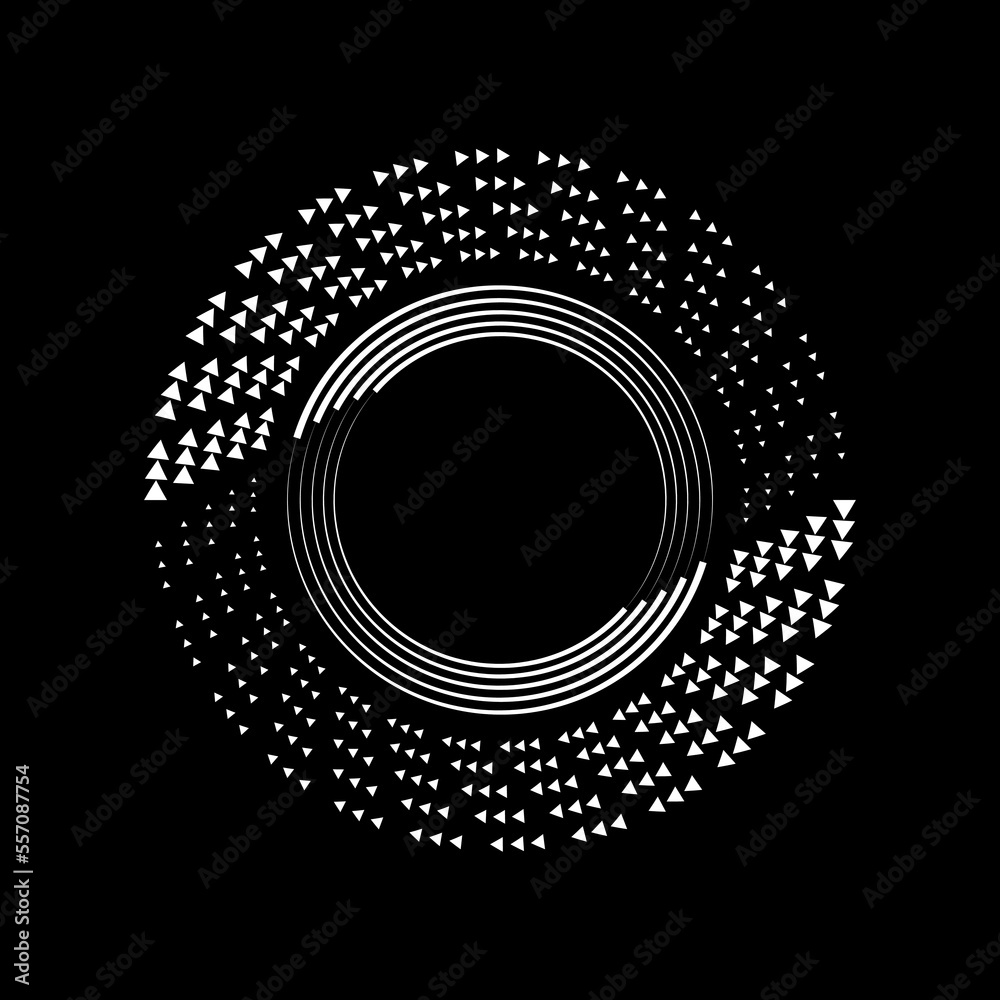 Abstract white tiny triangles and lines in round form. Geometric art. Halftone dots. Trendy design element for logo, tattoo, sign, symbol, web pages, prints, posters, template, pattern, background