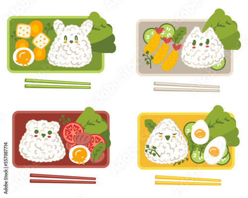 Kawaii bento box with rice animals collection in flat style. Perfect for tee, poster, menu, stickers and print. Isolated vector illustration for decor and design.