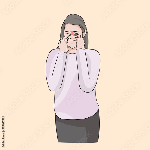 woman hold touching nose sinus infection need treatment causing migraine in cold temperature 