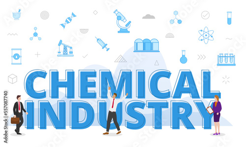 chemical industry concept with big words and people surrounded by related icon spreading with blue color