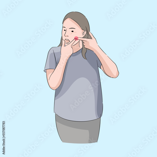 woman having skin problem pinching face skin acne irritation need skin care health 
