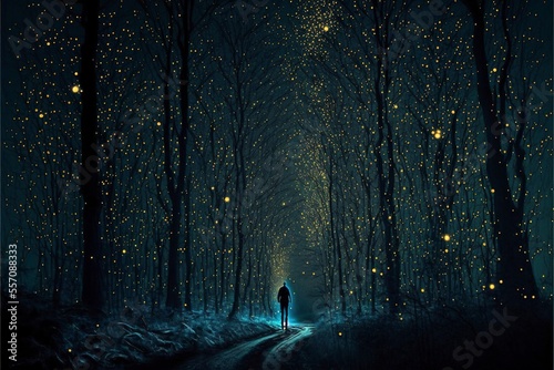 walking through woods fireflies. The moon stars