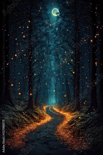 Obraz na płótnie walking through woods fireflies. The moon stars