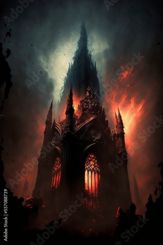 dark evil cathedral in hell, fire, smoke