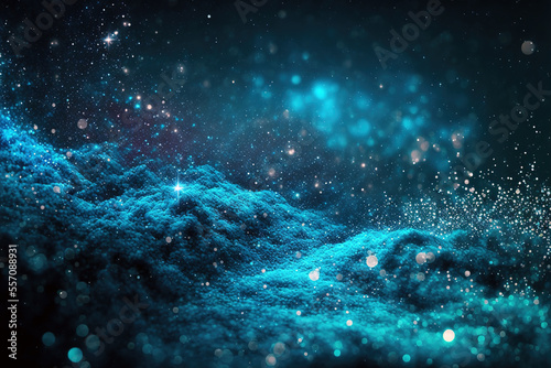 Abstract background with blue particle. Christmas blue light shine particles bokeh on navy blue background. Blues foil texture. Holiday concept. Digital art 