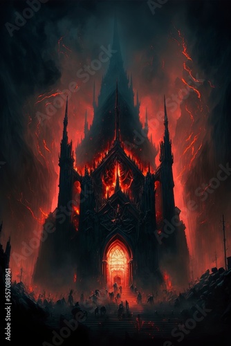 dark evil cathedral in hell  fire  smoke