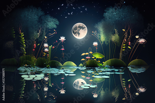 Pond with water flowers at night, big moon. Night blooming aquatic plants. Digital artwork	 photo