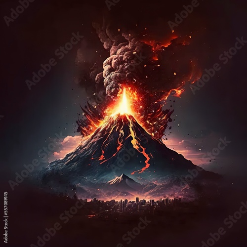 volcano erupting, magma falling from sky, destroying city below it