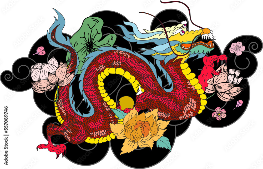 Traditional Japanese dragon with cherry blossom and wave for tattoo