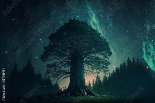 A dreamlike scene of a forest with a giant tree that seems to be made of stars
