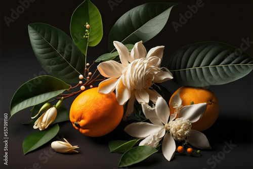 Jasmine neroli orange blossom rose and ylang ylang Essential oils and spa treatments - generative ai photo