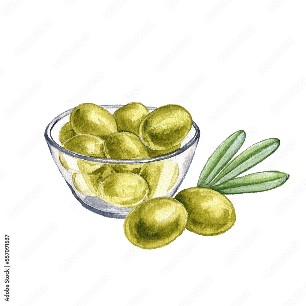 watercolor drawing glass bowl with green olives isolated at white ...