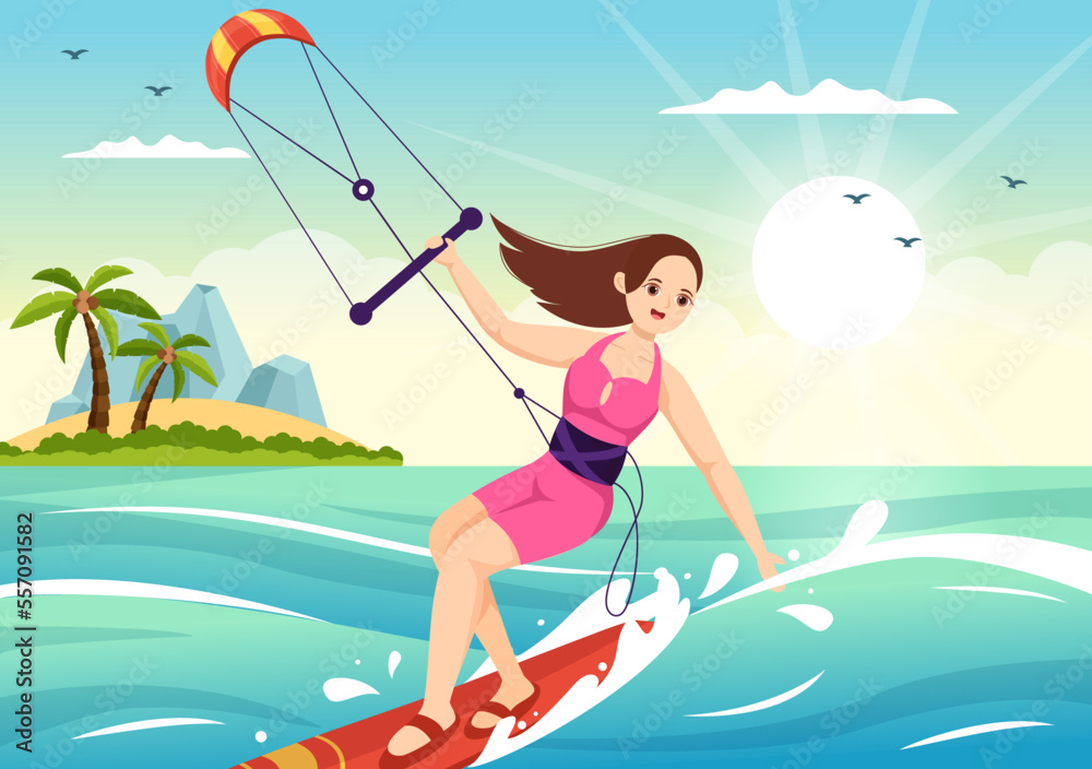 Kitesurfing Illustration with Kite Surfer Standing on Kiteboard in the Summer Sea in Extreme Water Sports Flat Cartoon Hand Drawn Template