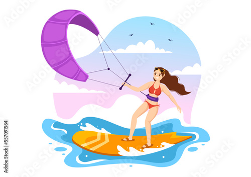 Kitesurfing Illustration with Kite Surfer Standing on Kiteboard in the Summer Sea in Extreme Water Sports Flat Cartoon Hand Drawn Template