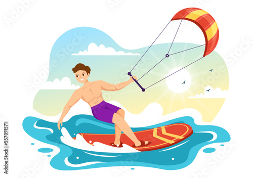 Kitesurfing Illustration with Kite Surfer Standing on Kiteboard in the Summer Sea in Extreme Water Sports Flat Cartoon Hand Drawn Template