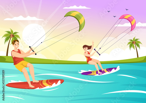 Kitesurfing Illustration with Kite Surfer Standing on Kiteboard in the Summer Sea in Extreme Water Sports Flat Cartoon Hand Drawn Template