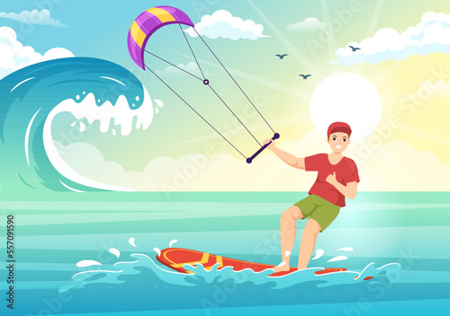 Kitesurfing Illustration with Kite Surfer Standing on Kiteboard in the Summer Sea in Extreme Water Sports Flat Cartoon Hand Drawn Template