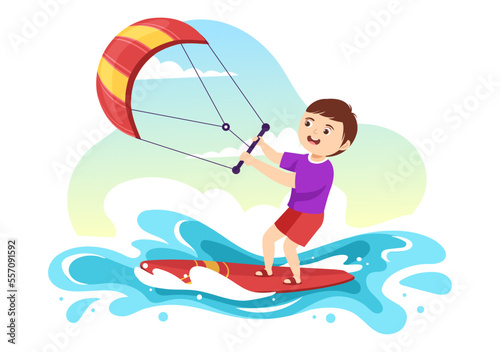 Kitesurfing Illustration with Kids Kite Surfer Standing on Kiteboard in the Summer Sea in Extreme Water Sports Flat Cartoon Hand Drawn Template