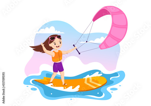 Kitesurfing Illustration with Kids Kite Surfer Standing on Kiteboard in the Summer Sea in Extreme Water Sports Flat Cartoon Hand Drawn Template