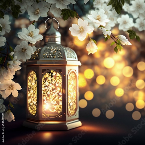 beautiful White flowers, prunus tree blossoms and glowing silver decorative Ramadan lantern on table, lovley flower photo