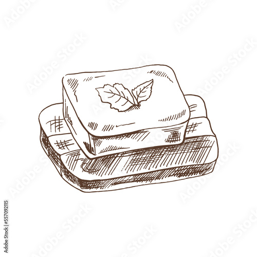 Detailed retro style a piece of butter image. Vector hand drawn butter sketch. Vintage element for labels, packaging and cards design.