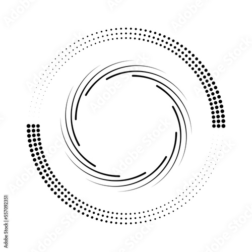 Black halftone dots and lines in circle form. Geometric art. Design element for border frame, round logo, blackout tattoo, sign, symbol, web pages, prints, template, pattern and abstract background
