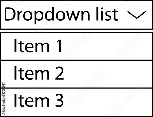 Drop-down list with menu items on white background. The view is in the expanded state. Drop down list button sign. flat style.