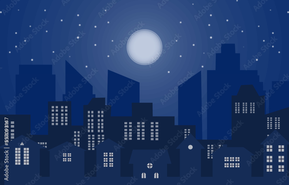 Night city full moon with stars on a cloudy night sky. in the night Night city full moon with stars on a cloudy night sky. in the night