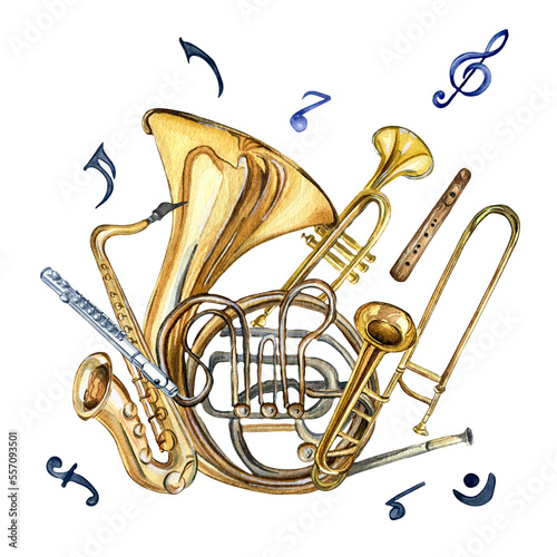 Composition of wind musical instruments and symbol watercolor illustration isolated. French horn, flute, tuba, saxophone hand drawn. Design element for flyer, concert events, brochure, poster, print