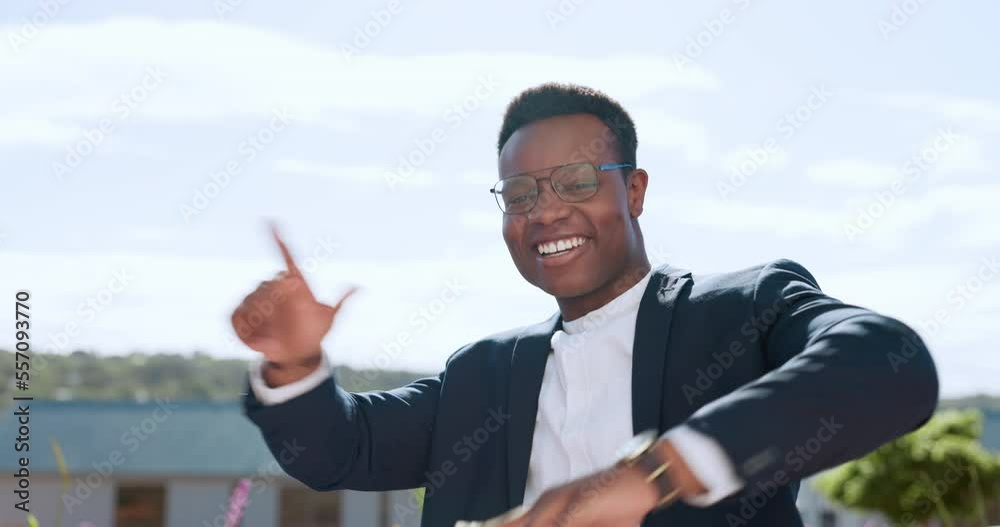 Happy, success or businessman in celebration on rooftop with positive hand gestures or signs after a business deal. Motivation, portrait or excited black man celebrates sales growth, goals or winning Happy, success or businessman in celebration on rooftop with positive hand gestures or signs after a business deal. Motivation, portrait or excited black man celebrates sales growth, goals or winning