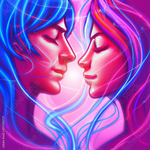 Illustration of a couple facing each other with their eyes closed. Concept of love  closeness and connection. Generative AI