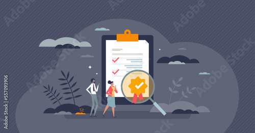 Product quality control and standard inspection approval tiny person concept. Guarantee good service satisfaction for customer with certificate award vector illustration. Performance inspection check