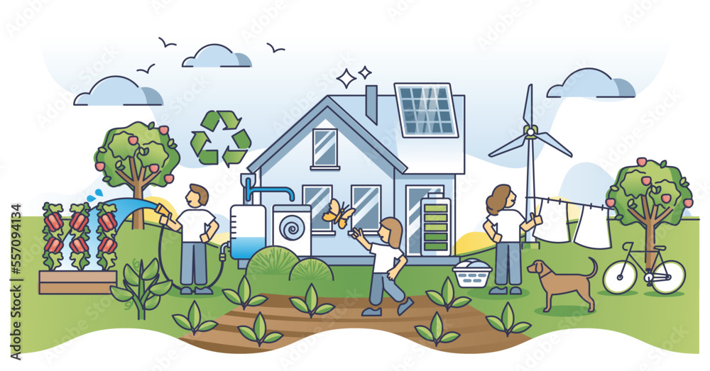 Green family home with sustainable ecological lifestyle scene outline concept. Environmental house with solar energy production, organic garden growth and parents with children vector illustration.