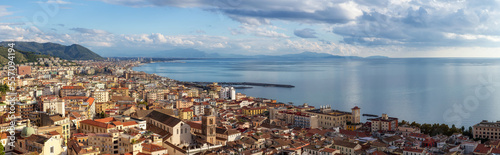 Touristic City by the Sea. Salerno, Italy. Aerial View. Cityscape and mountains background. Panorama