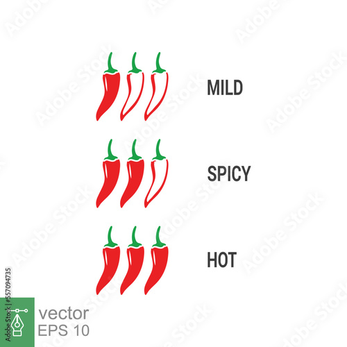 Spicy chili icon. Red spicy chili pepper level labels. Spicy food mild and extra hot sauce. Vector illustration design isolated on white background. EPS 10.