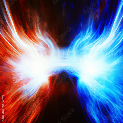 Abstract concept illustration of two streams of energy waves, masculine and feminine on black background. Generative AI
